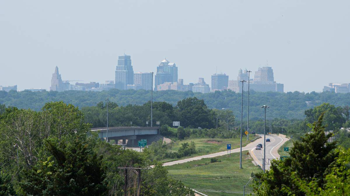 A thick layer of haze coats the Kansas City skyline on Thursday. An air quality alert has been issued for Jackson County until Friday.