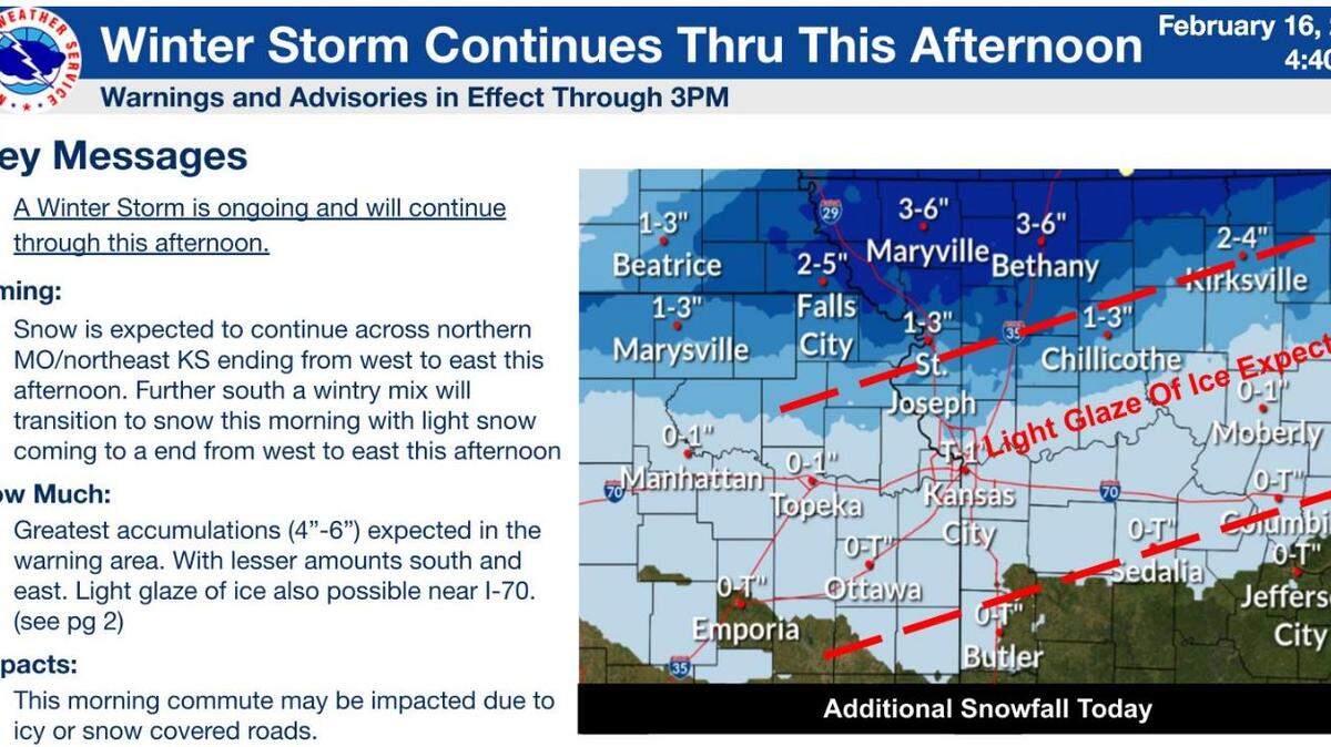 The National Weather Service forecast called for a winter storm to continue Thursday throughout the Kansas City region.