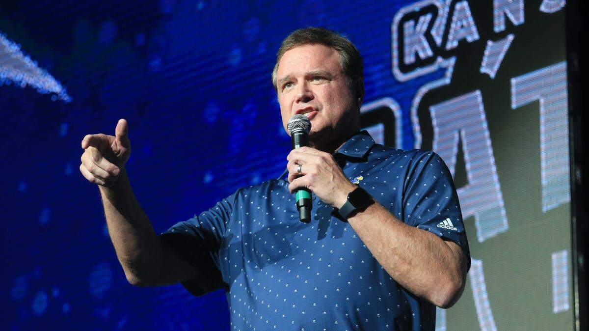 Kansas coach Bill Self addresses the crowd at Late Night in the Phog before the 2022-23 men’s basketball season at Allen Fieldhouse.
