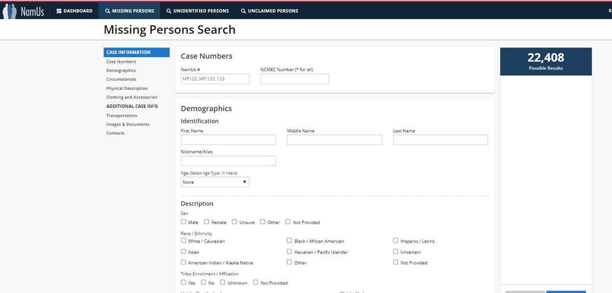 The National Missing and Unidentified Persons System, or NamUs, provides a system for people to search for information about missing person.