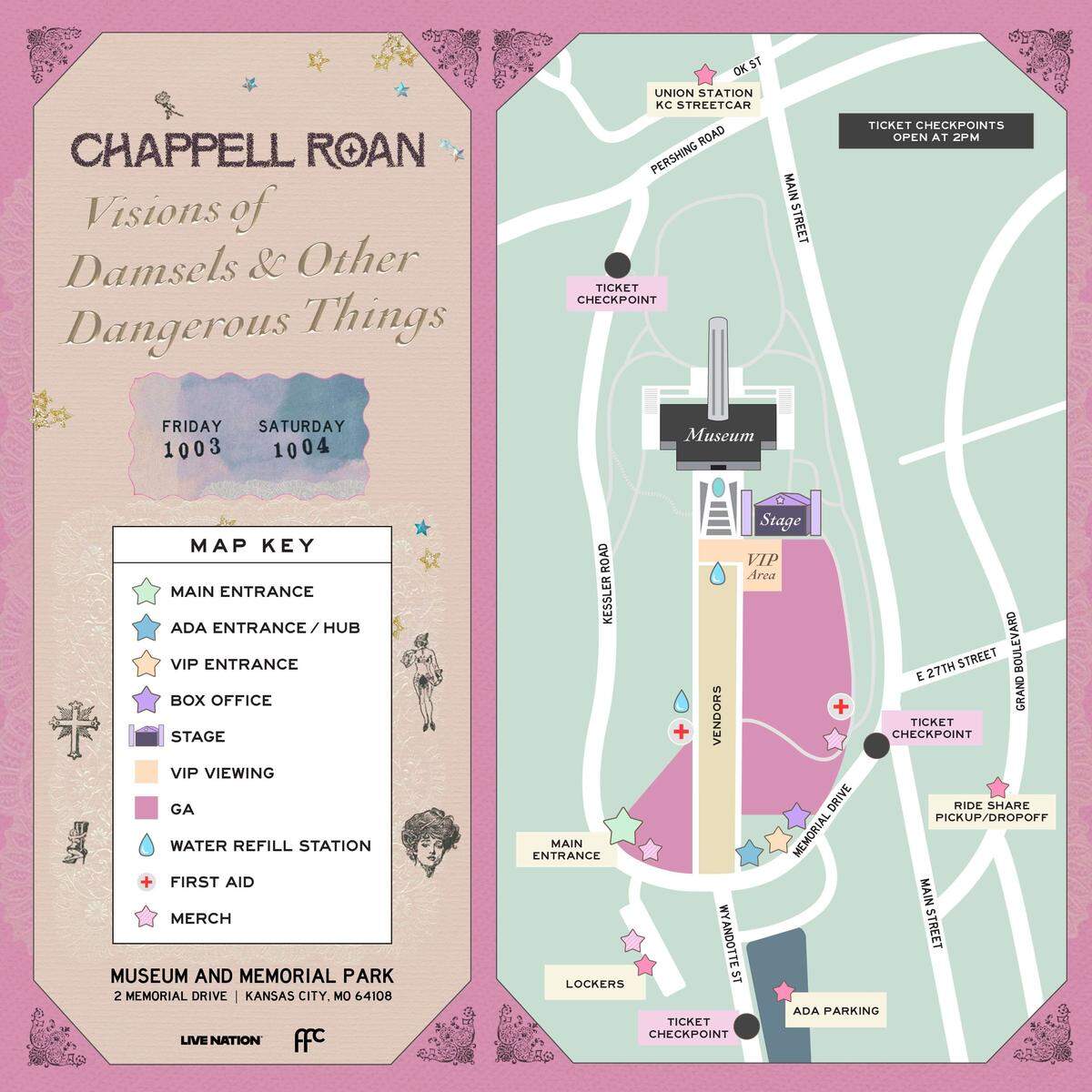 Pop star Chappell Roan is playing two shows in Kansas City for her Visions of Damsels & Other Dangerous Things Tour on Friday, Oct. 3, and Saturday, Oct. 4, at Museum and Memorial Park, which is also the site of the National WWI Museum and Memorial. The singer added a venue map to her website to show fans where the performance will be.