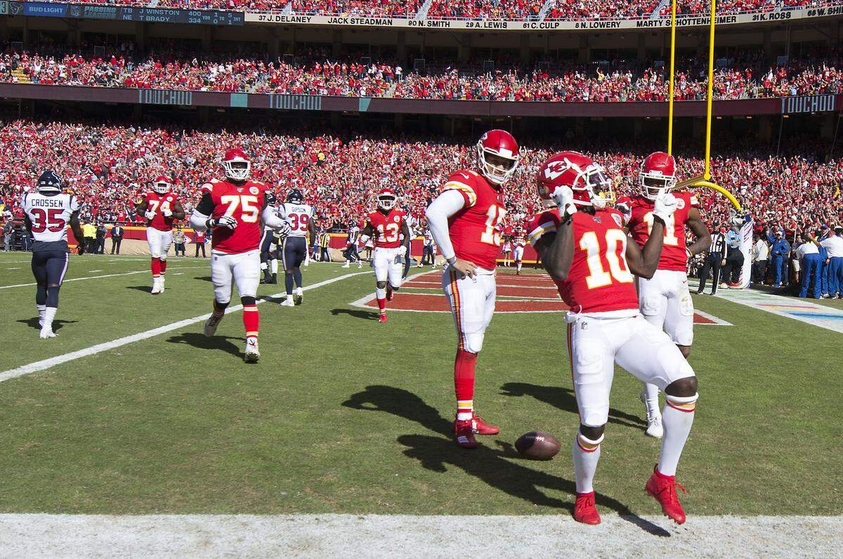 Kansas City Chiefs wide receiver Tyreek Hill celebrated his second touchdown against the Houston Texans in the second half of game action Sunday, Oct. 13, 2019, at Arrowhead Stadium.