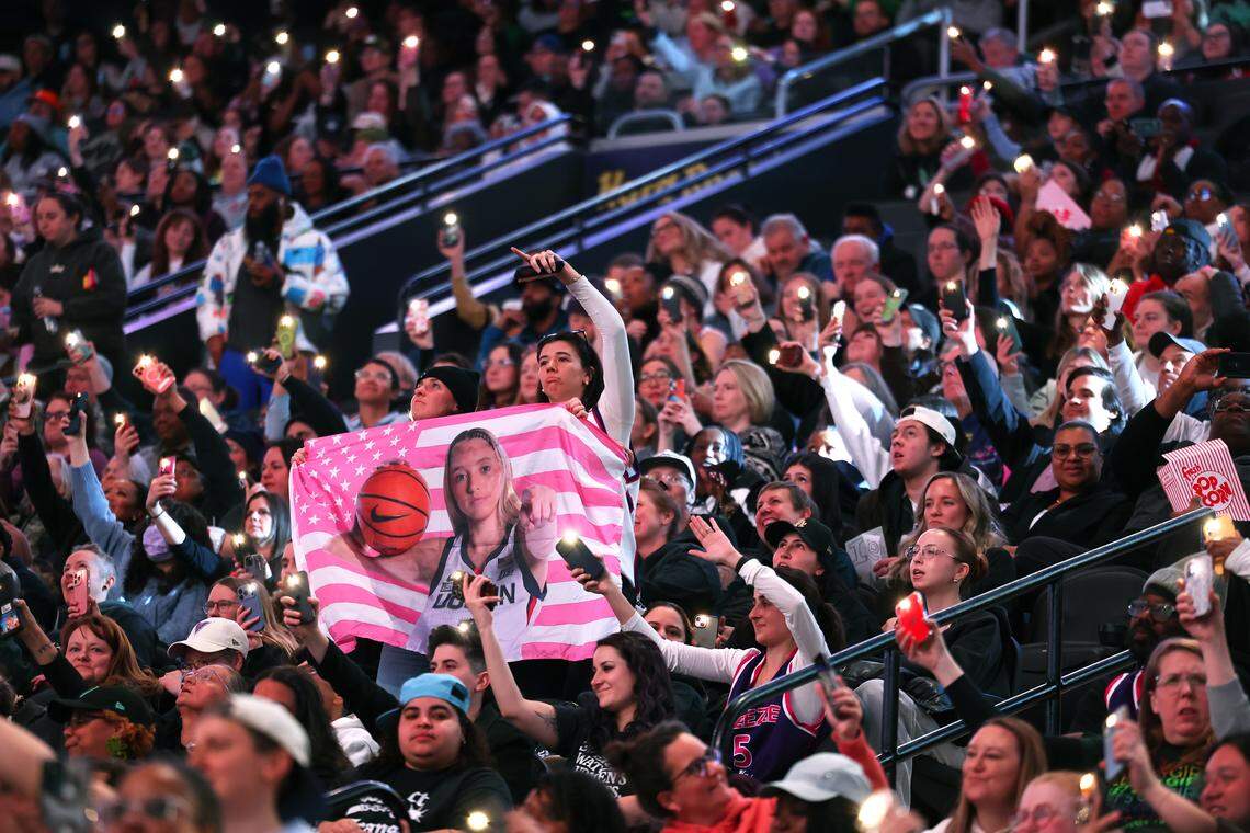 Fans in the stands participate in a quarter break during a game between the Breeze and the Phantom of Unrivaled 2026 at sold-out Xfinity Mobile Arena in Philadelphia on Jan. 30, 2026.