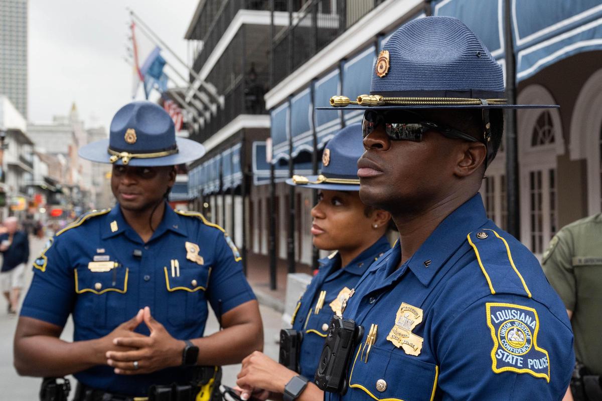 Louisiana State Patrol were among the many law enforcement officers present on Bourbon Street in New Orleans on Wednesday, Feb. 5, 2025. Law enforcement filled the famous stretch of road as the city makes preparations for Super Bowl LIX on Sunday at the Caesars Superdome.