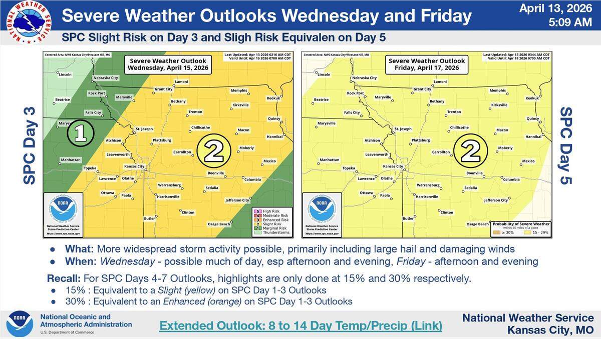 More widespread strong to severe storms will be possible on Wednesday, especially in the afternoon and evening, and again on Friday afternoon and evening, according to the National Weather Service.