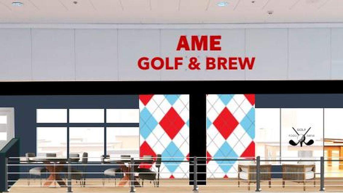 The new AME Golf & Brew will have an indoor patio for watching shoppers or sports games on two TVs.