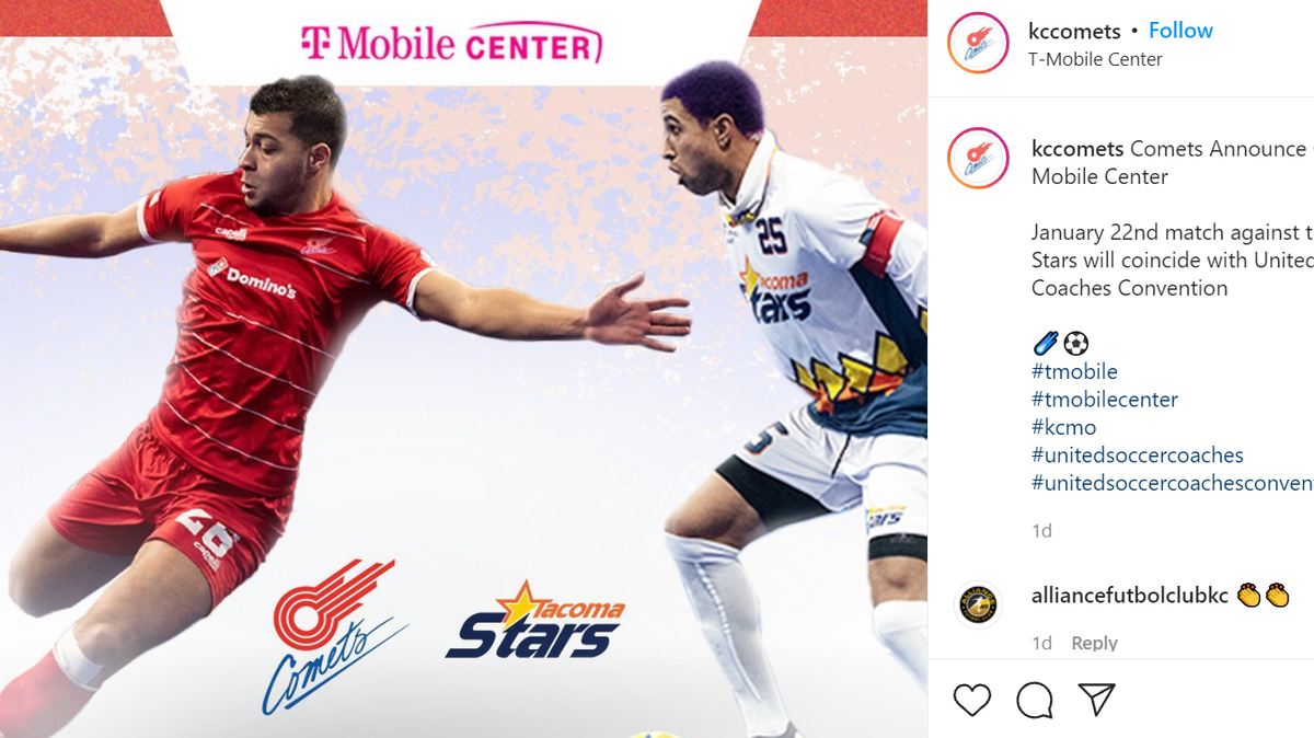 The KC Comets indoor-soccer team will play the organization’s second game at KC’s downtown arena on Jan. 22, when they play host to the Tacoma Stars.