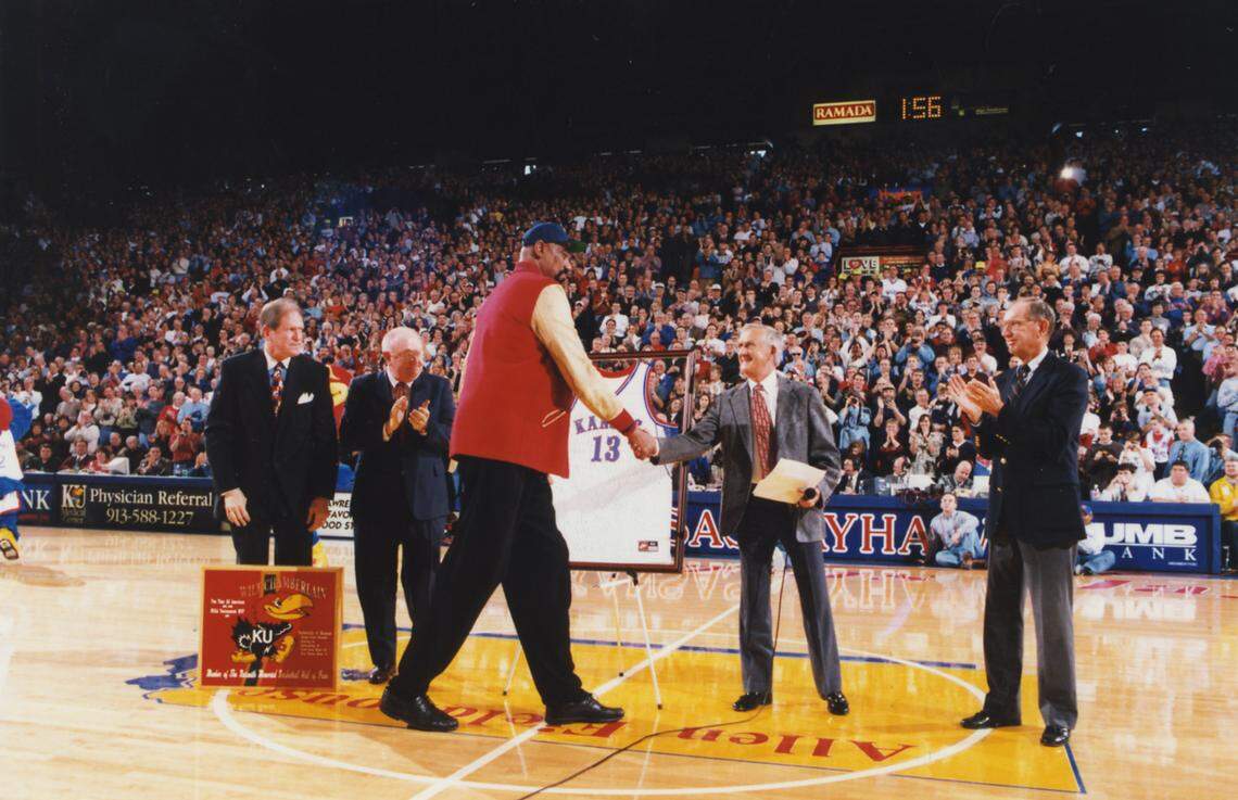 Welcoming Wilt Chamberlain back to KU in 1998 was one of Max Falkenstien’s biggest highlights.