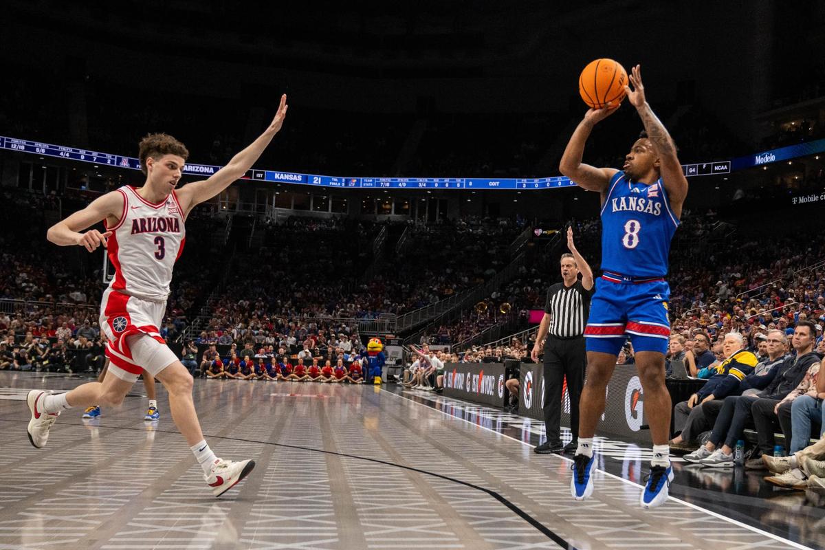 Kansas Jayhawks guard David Coit shoots a 3-pointer in the first half of the Big 12 Championship quarterfinal game vs. the Arizona Wildcats on Thursday, March 13, 2025 at T-Mobile Center.