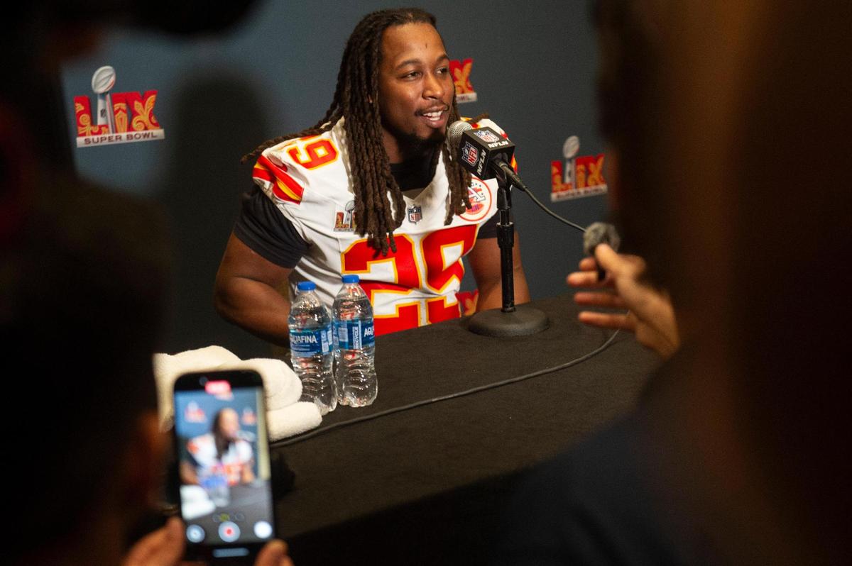 Kansas City Chiefs running back Kareem Hunt (29) takes questions from the press during a team media availability at New Orleans Marriott in New Orleans on Tuesday, Feb. 4, 2025.