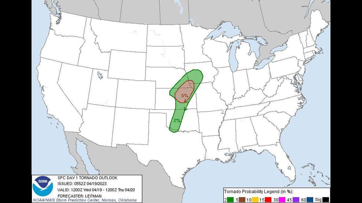 Strong to severe thunderstorms capable of producing tornadoes are expected in the central part of the United States. The shaded areas are where the tornadoes are most likely to develop, according to the National Weather Service’s Storm Prediction Center.