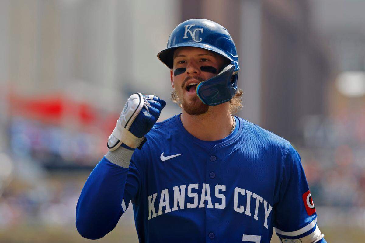Kansas City Royals shortstop Bobby Witt celebrates after hitting a solo third-inning home run against the Minnesota Twins Wednesday at Target Field in Minneapolis.