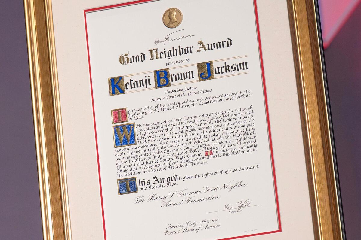 The Harry S. Truman Good Neighbor Award is displayed during the Truman Foundation Annual Luncheon .