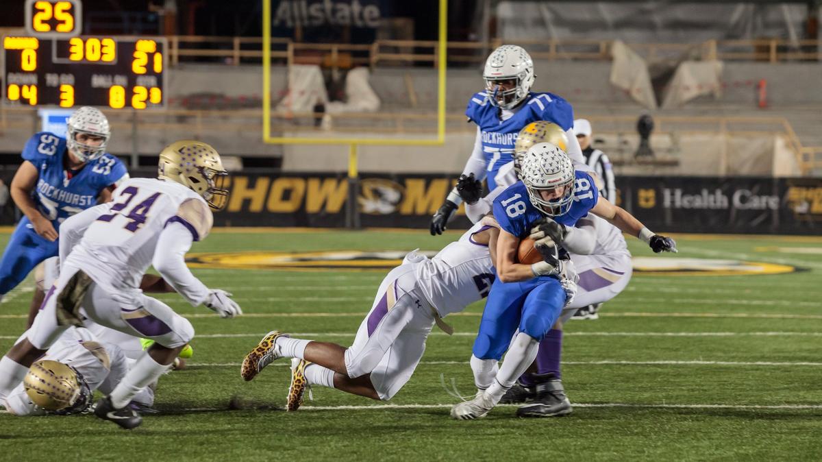 Rockhurst’s Joseph Coit was stopped short of the end zone by CBC on Saturday night in Columbia in the Missouri Class 6 championship game. Rockhurst lost 45-21.