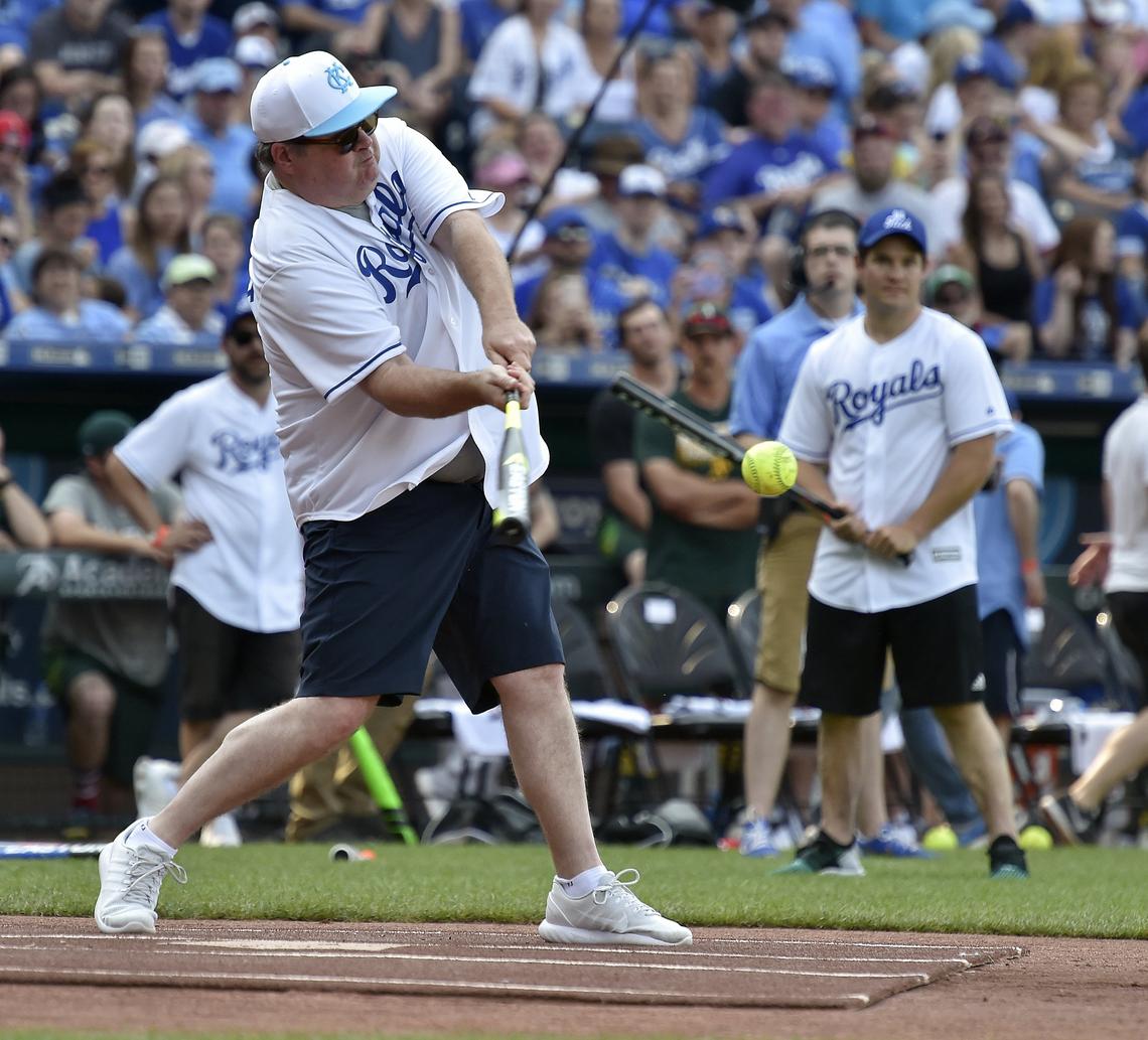 Eric Stonestreet connects with the ball during the Big Slick Celebrity Softball game.