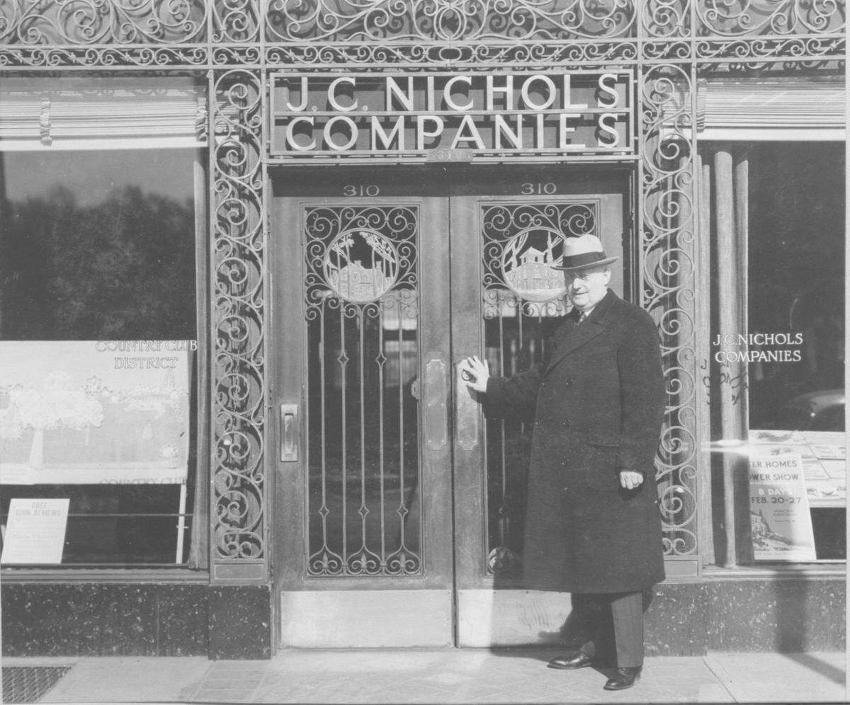 J.C. Nichols in front of his office at 310 Ward Parkway on the Country Club Plaza.