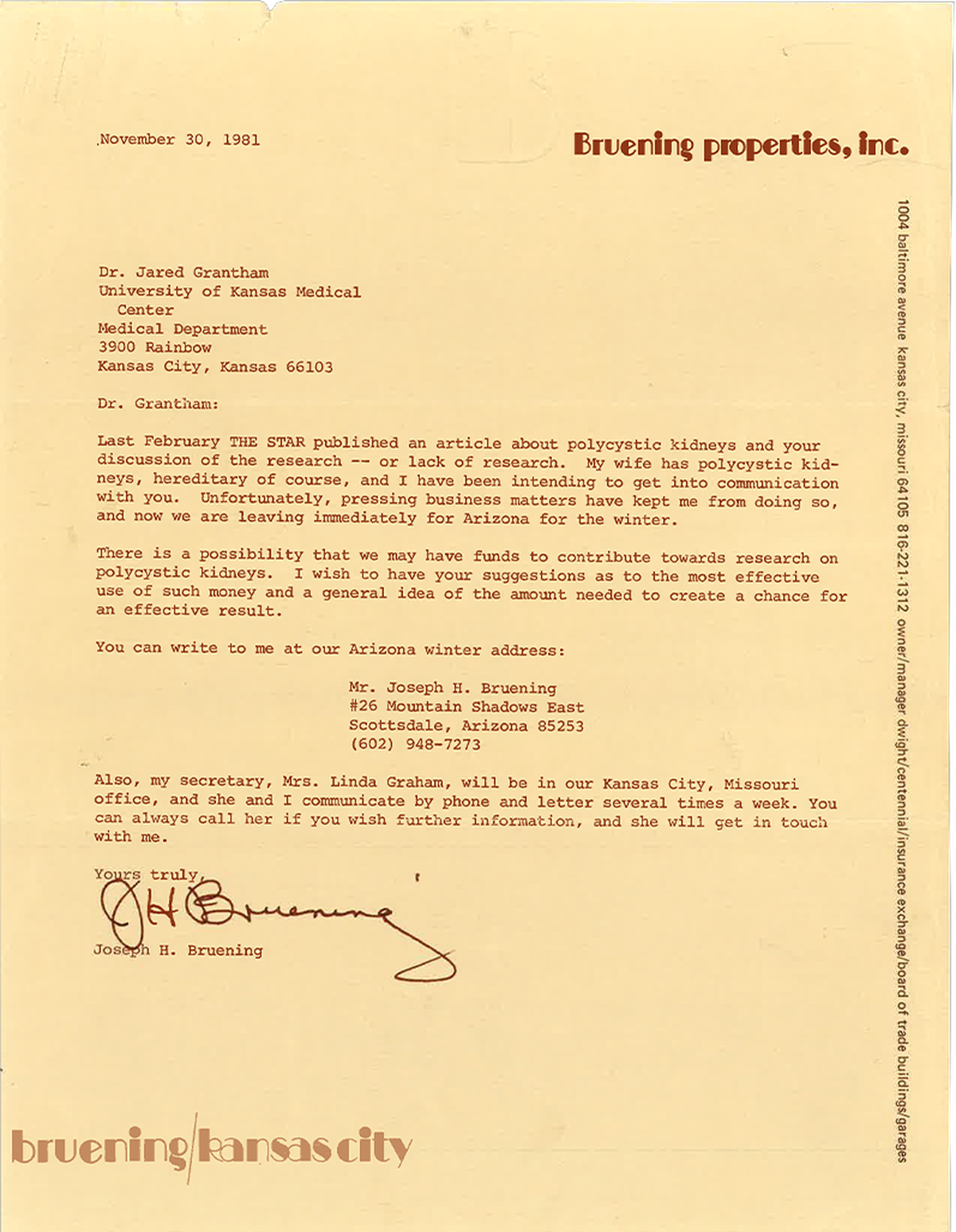 Kansas City businessman Joseph Bruening sent a letter to Jared Grantham about his PKD research in 1981, saying his wife had the condition. The two went on to co-found the PKD Foundation.
