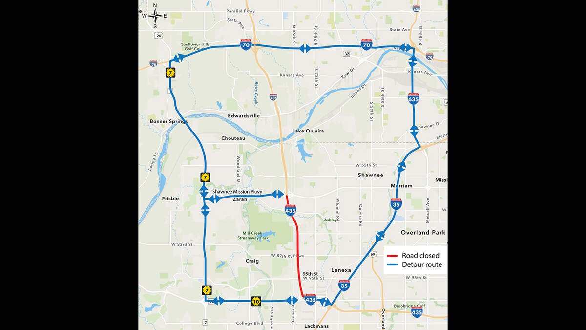 Crews will close two long sections of Interstate 435 in Johnson County for demolition of the Renner Road Bridge, the Kansas Department of Transportation said.