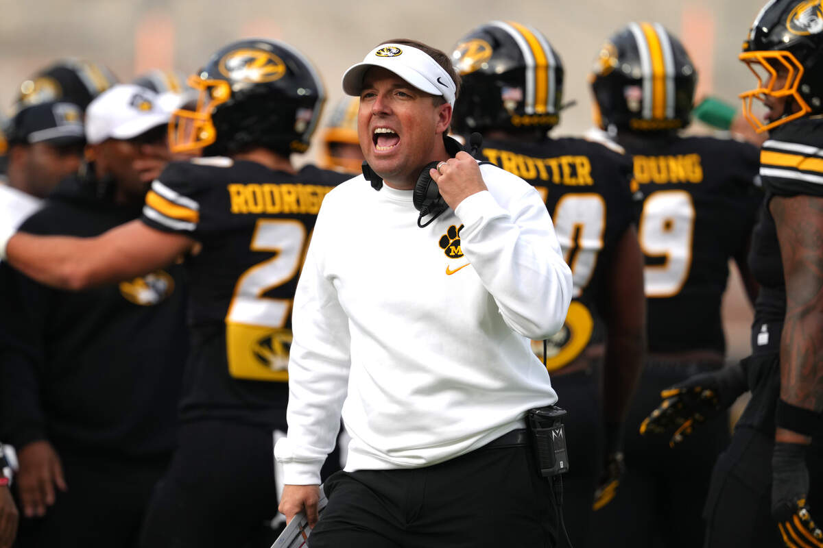 Head coach Eli Drinkwitz of the Missouri Tigers reacts after a penalty during a game against the Texas A&M Aggies in the first half at Faurot Field at Memorial Stadium on November 8, 2025 in Columbia.