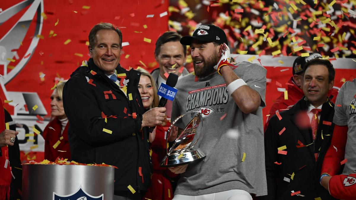 Kansas City Chiefs tight end Travis Kelce during the presentation of the Lamar Hunt Trophy after winning the AFC Championship Game on Sunday, Jan. 26, 2025, at GEHA Field at Arrowhead Stadium.