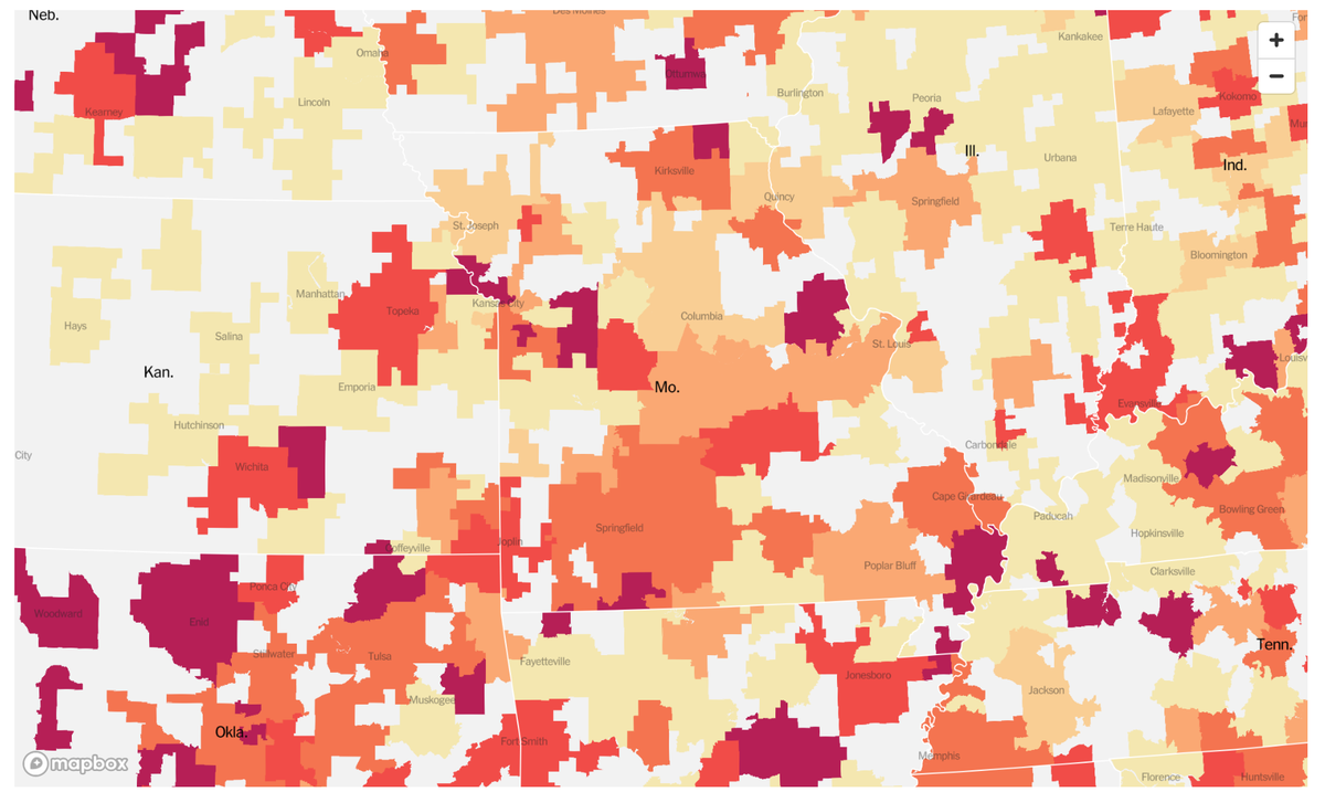 The share of occupied ICU beds is at 90% capacity in multiple areas of Missouri, according to an analysis of new U.S. Department of Health and Human Services data by The New York Times.