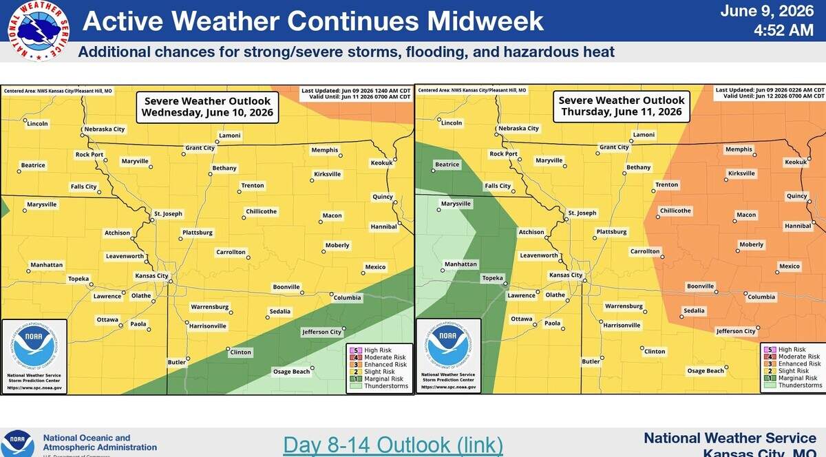 There is a chance for severe weather on Wednesday and Thursday, according to the National Weather Service. Large hail and damaging winds are the main threats with the storms on both days, but heavy rainfall and localized flooding are also possible with the strongest storms, the weather service said. A tornado or two cannot be ruled out.