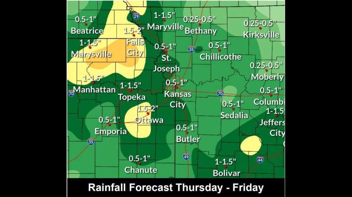 Showers and thunderstorms could bring heavy rainfall to the Kansas City area on Thursday and Friday, according to the National Weather Service. Between a half inch and an inch of rain is expected across the region. Some areas could see as much as two inches of rain.