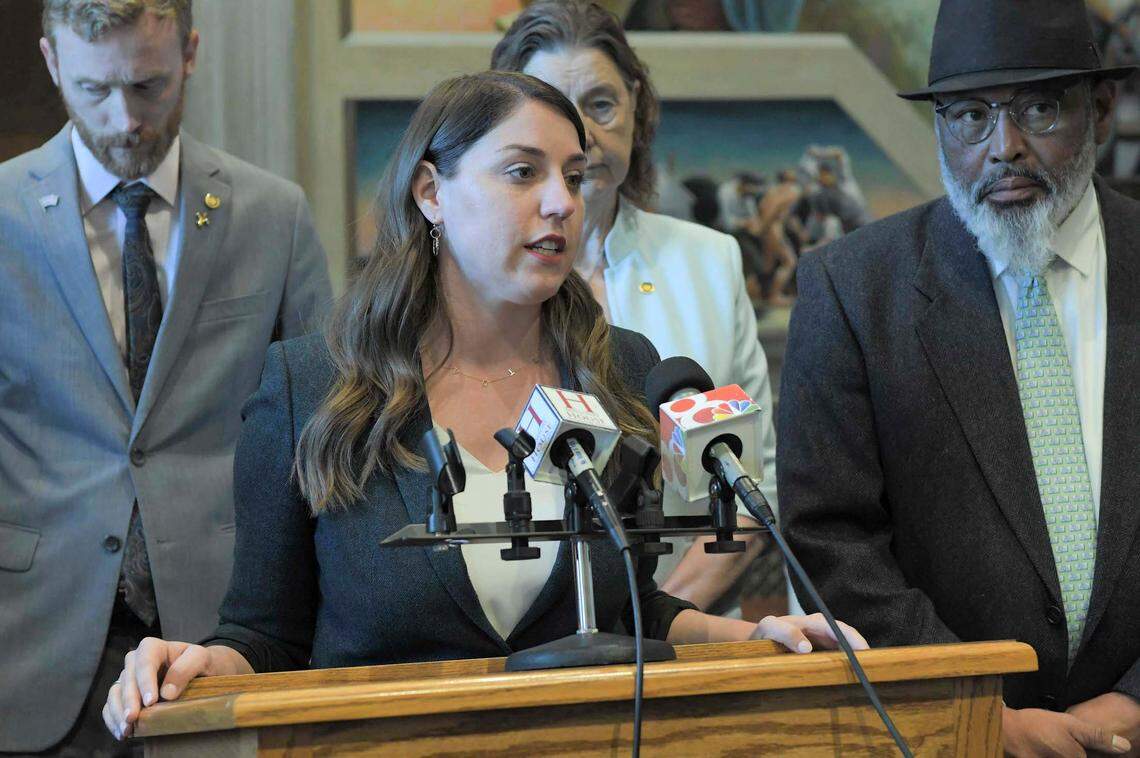 House Minority Leader Crystal Quade, a Springfield Democrat, talks to reporters during a news conference.