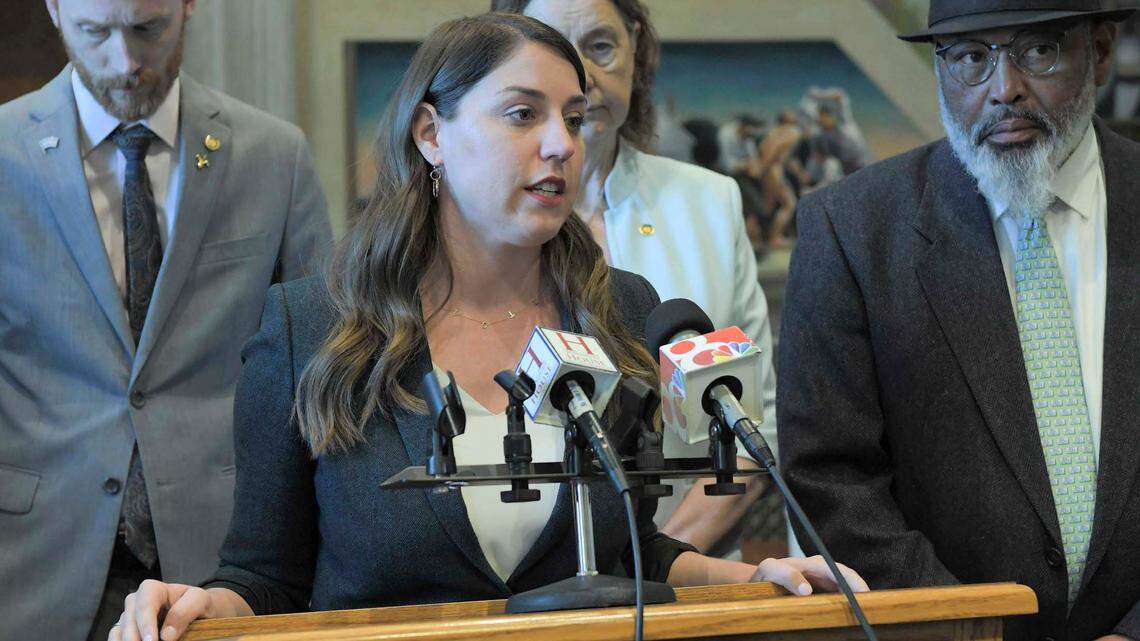 House Minority Leader Crystal Quade, a Springfield Democrat, talks to reporters during a news conference.