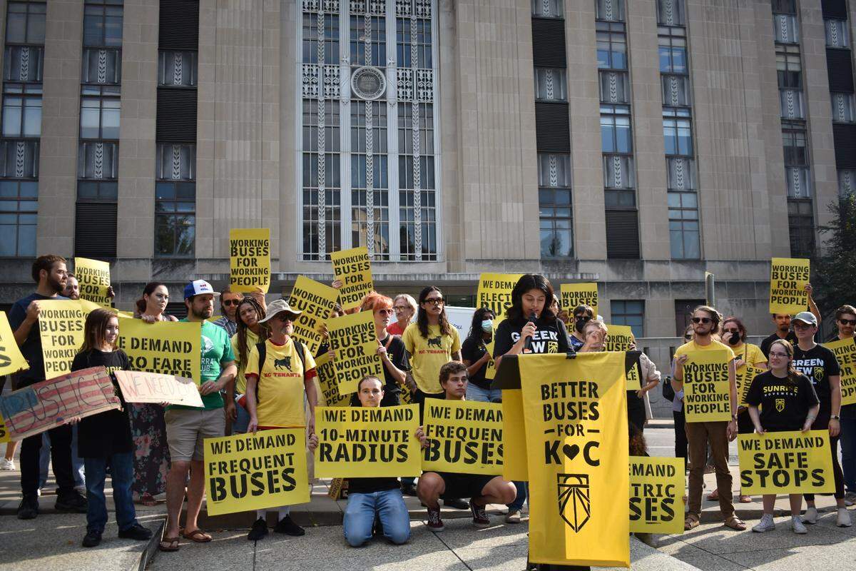 Dani, an organizer with the Kansas City chapter of the Sunrise Movement, speaks at a rally for the new Better Buses for KC campaign in front of City Hall on Thursday, Sept. 21, 2023.