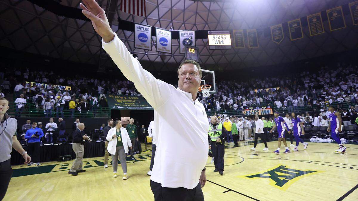 Kansas head coach Bill Self waves to fans after his team lost to Baylor in a game on Monday, Jan. 23, 2023, in Waco, Texas.