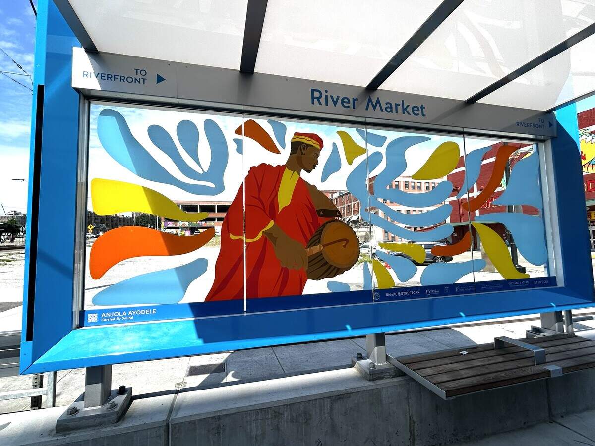 Anjola Ayodele’s design at the River Market Northbound streetcar shelter, titled ‘Carried by Sound.’