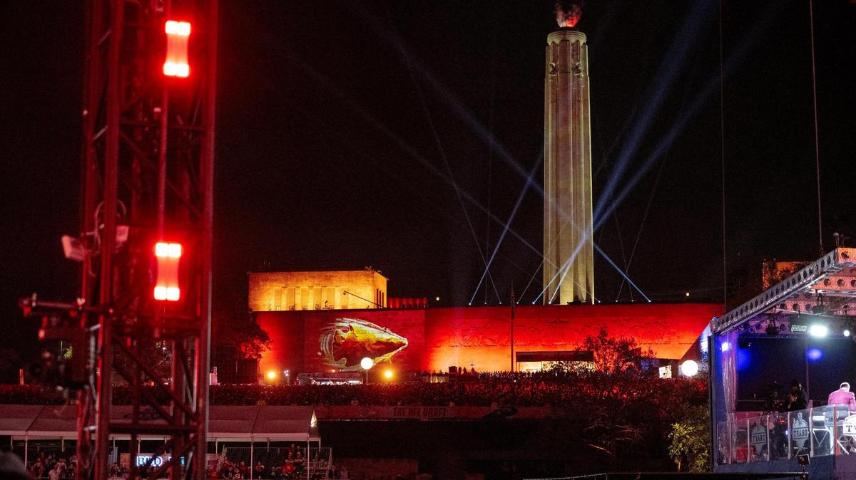 Thousands of football fans watch the NFL Draft from Memorial Hill Park on Thursday, April 27, 2023, in Kansas City.