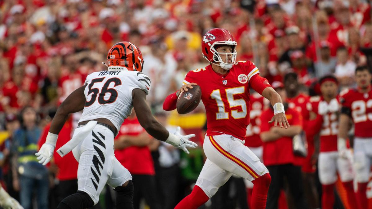Kansas City Chiefs quarterback Patrick Mahomes (15) winds up for a throw to wide receiver Rashee Rice during the final seconds of the the Chiefs’ game the Cincinnati Bengals on Sunday, Sept. 15, 2024, at GEHA Field at Arrowhead Stadium.