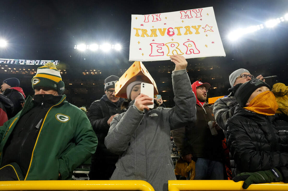 A Taylor Swift fan is shown before the game between the Green Bay Packers and the Kansas City Chiefs at Lambeau Field in Green Bay, Wisconsin.