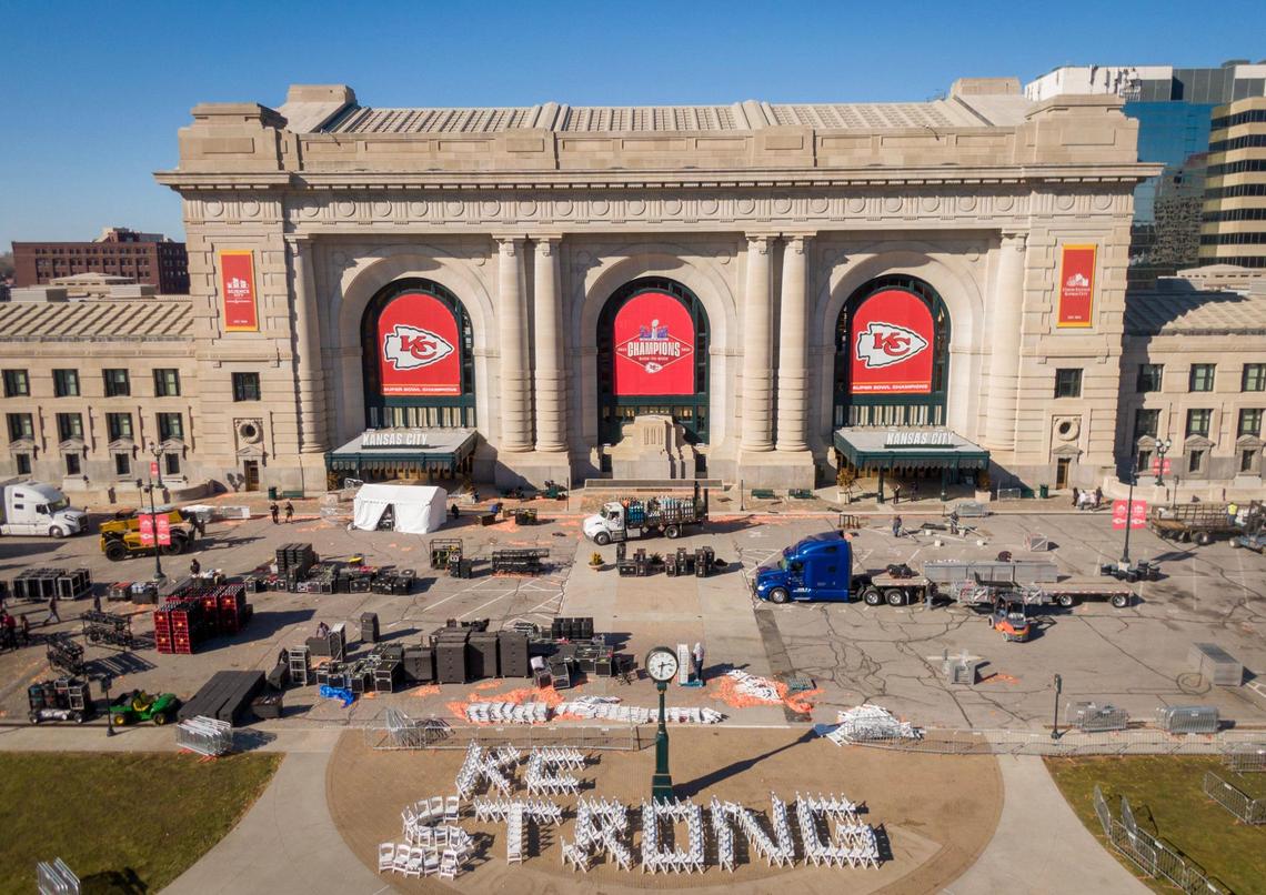 A day after the mass shooting at the Chiefs rally, a sign made from chairs spelled out “KC Strong” in front of Union Station.