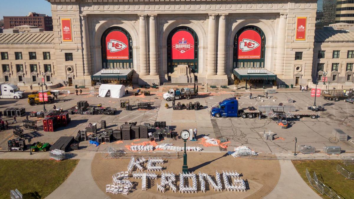 A sign made from chairs spelled out “KC Strong” Thursday afternoon in front of Union Station, the site of a mass shooting at the Kansas City Chiefs Super Bowl rally on Wednesday.