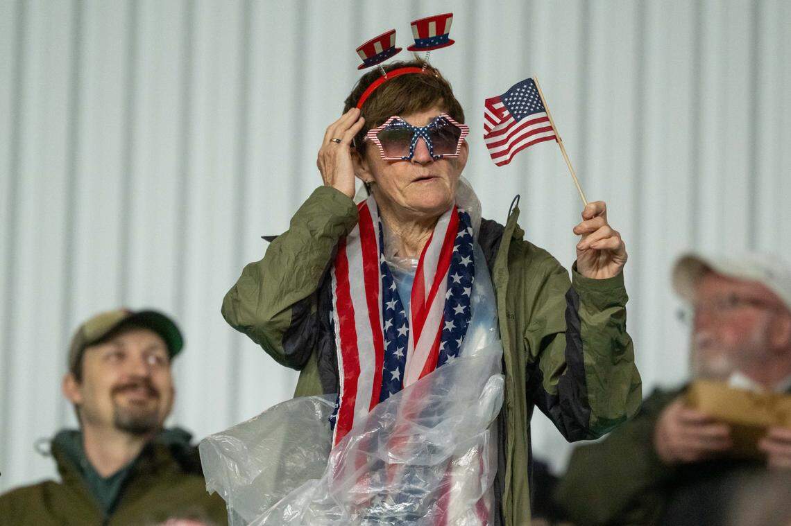 A fan wears American flag regalia before the beginning of the Pacific Four Series rugby match of Canada vs. New Zealand on Friday, April 17, 2026, at CPKC Stadium. New Zealand won 36-14.