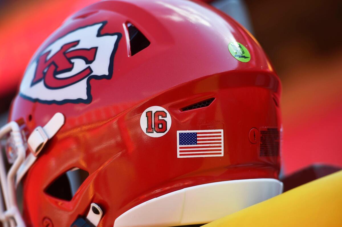 The Kansas City Chiefs helmets have a number 16 sticker on them for the preseason game with the Green Bay Packers Thursday, August 25, 2022, at Arrowhead Stadium. That is the number Len Dawson wore when he played for the Chiefs.