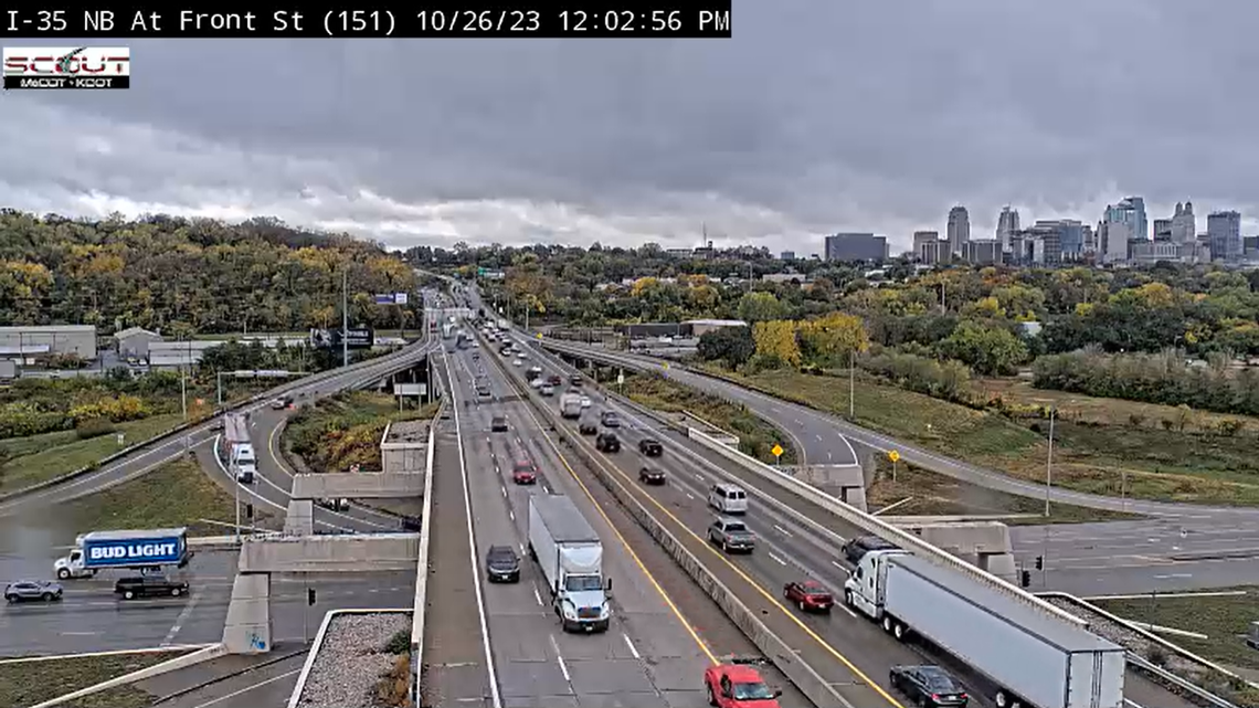 Traffic on Interstate 35 is seen just south of the Bond Bridge over the Missouri River in this traffic camera screen capture on Thursday, Oct. 26, 2023.