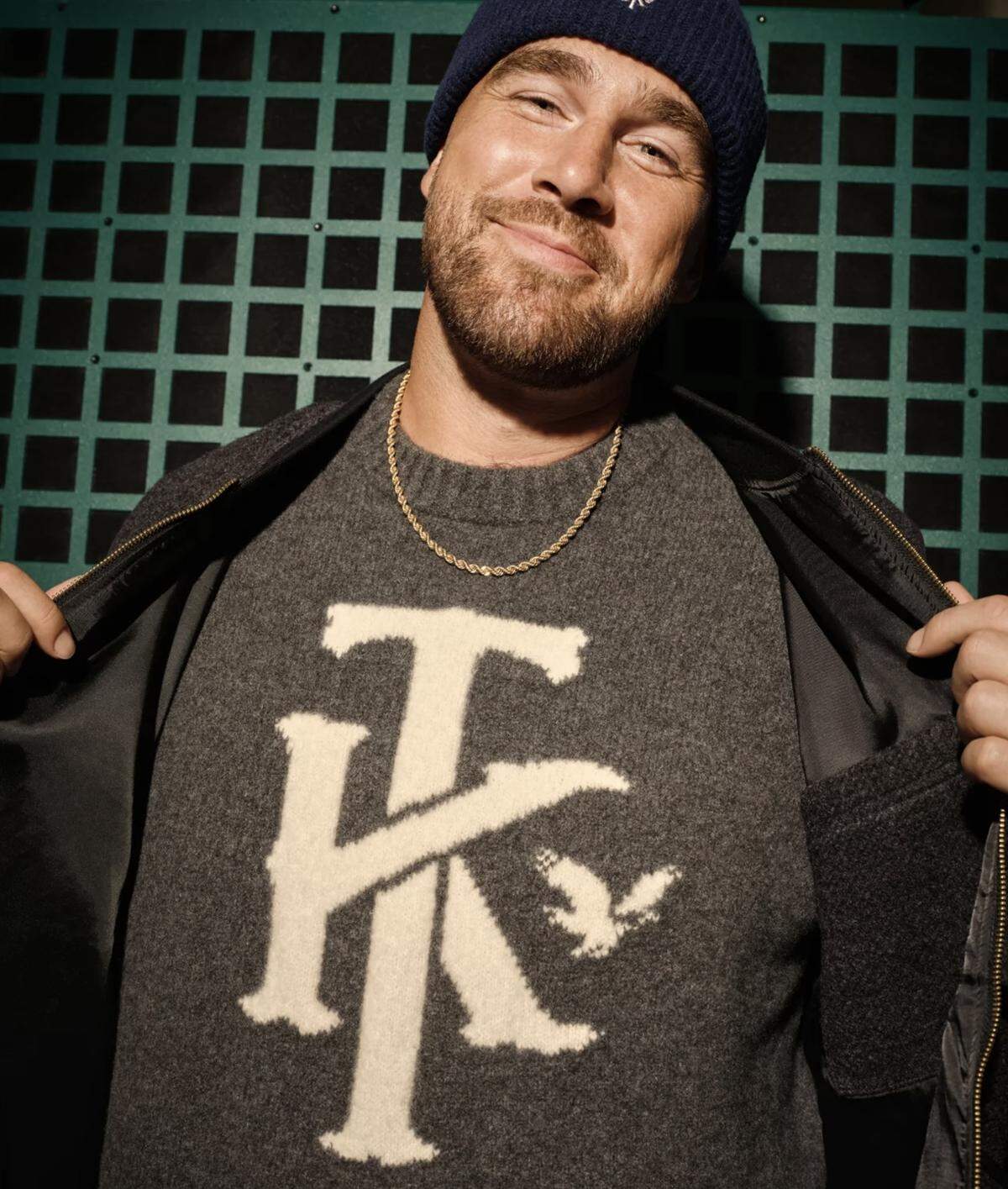A sweater from Kelce’s collaboration with American Eagle.