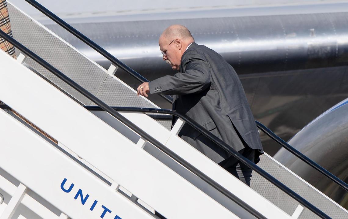 Kansas City Chiefs head coach Andy Reid boards a plane for the Super Bowl at Kansas City International Airport on Sunday, Feb. 5, 2023, in Kansas City.