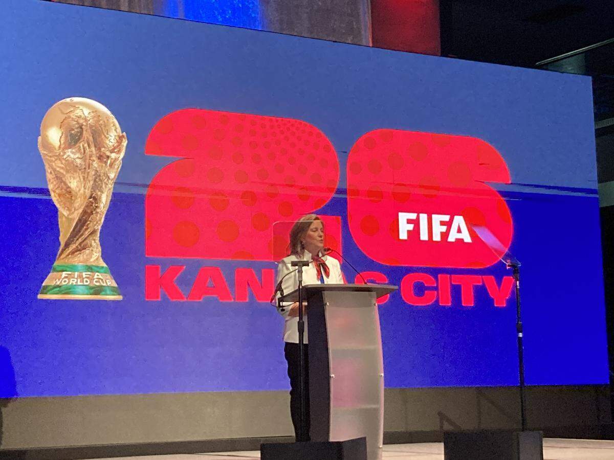 Kathy Nelson, president and ceo of Visit KC and a prime force in securing Kansas City place as a World Cup host city, speaks Thursday, May 7, at its annual gathering.
