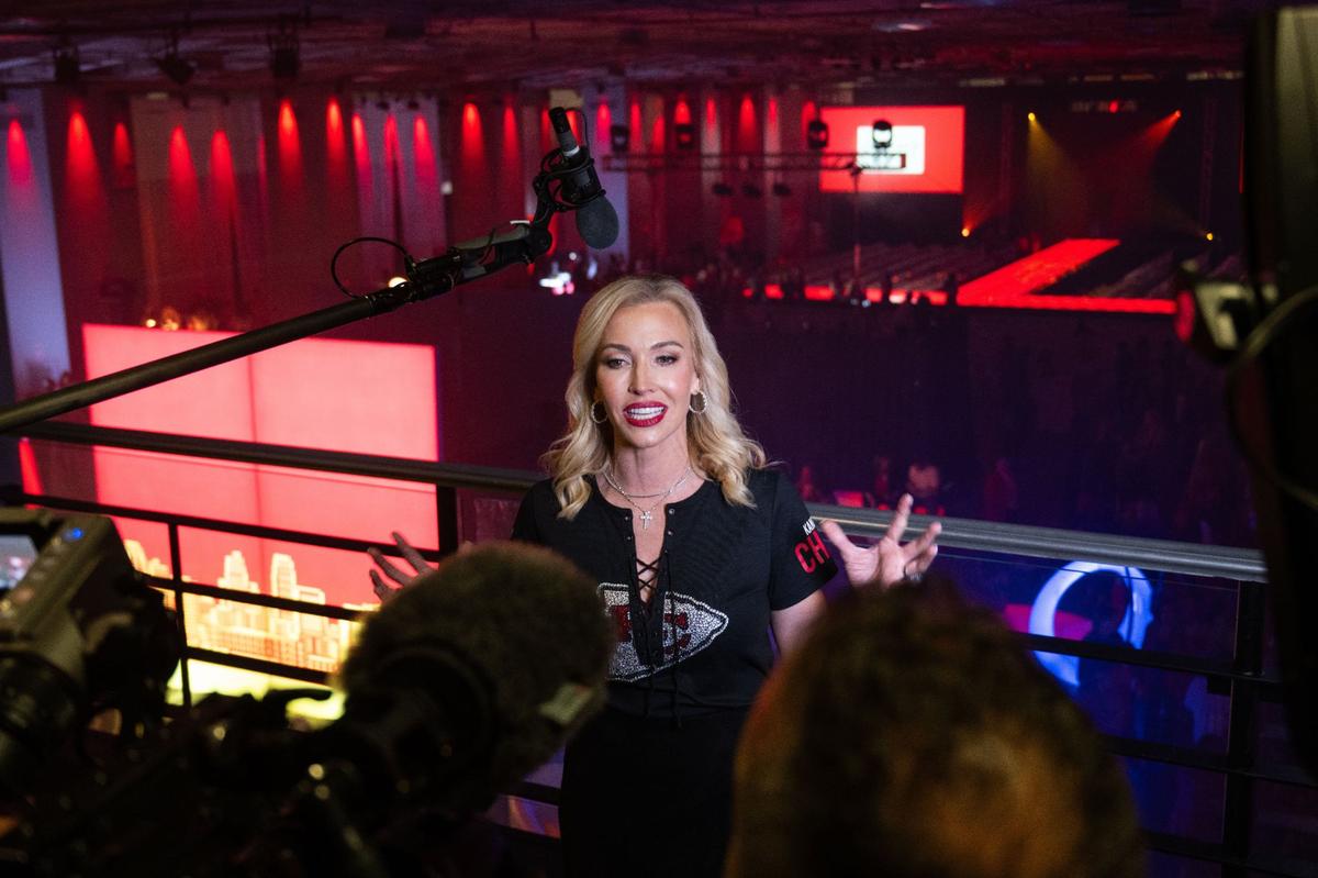 Tavia Hunt speaks with media Tuesday at the 13th Annual Chiefs Style Lounge at The LEX in downtown Kansas City.