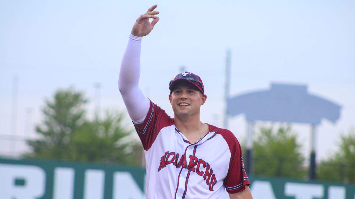 Monarchs first baseman Brian O’Grady, shown during the Kansas City club’s June 30 game against the Winnipeg Goldeyes.