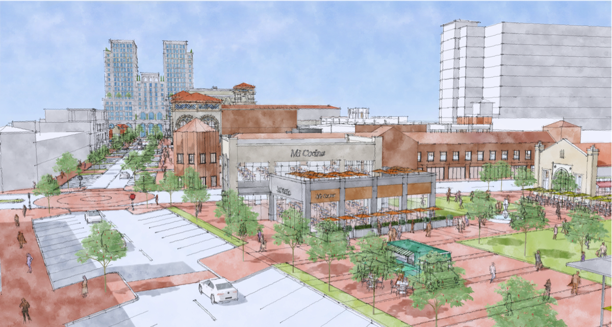 A rendering of the center of the Country Club Plaza, where a parking lot exists along with a former Starbucks, shows a “plaza on the Plaza,” that includes green space for pedestrians.