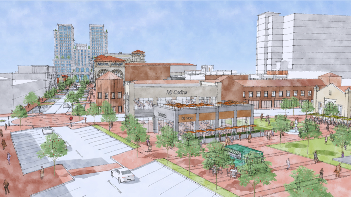 A rendering of the center of the Country Club Plaza, where a parking lot exists along with a former Starbucks, shows a “plaza on the Plaza,” that includes green space for pedestrians.