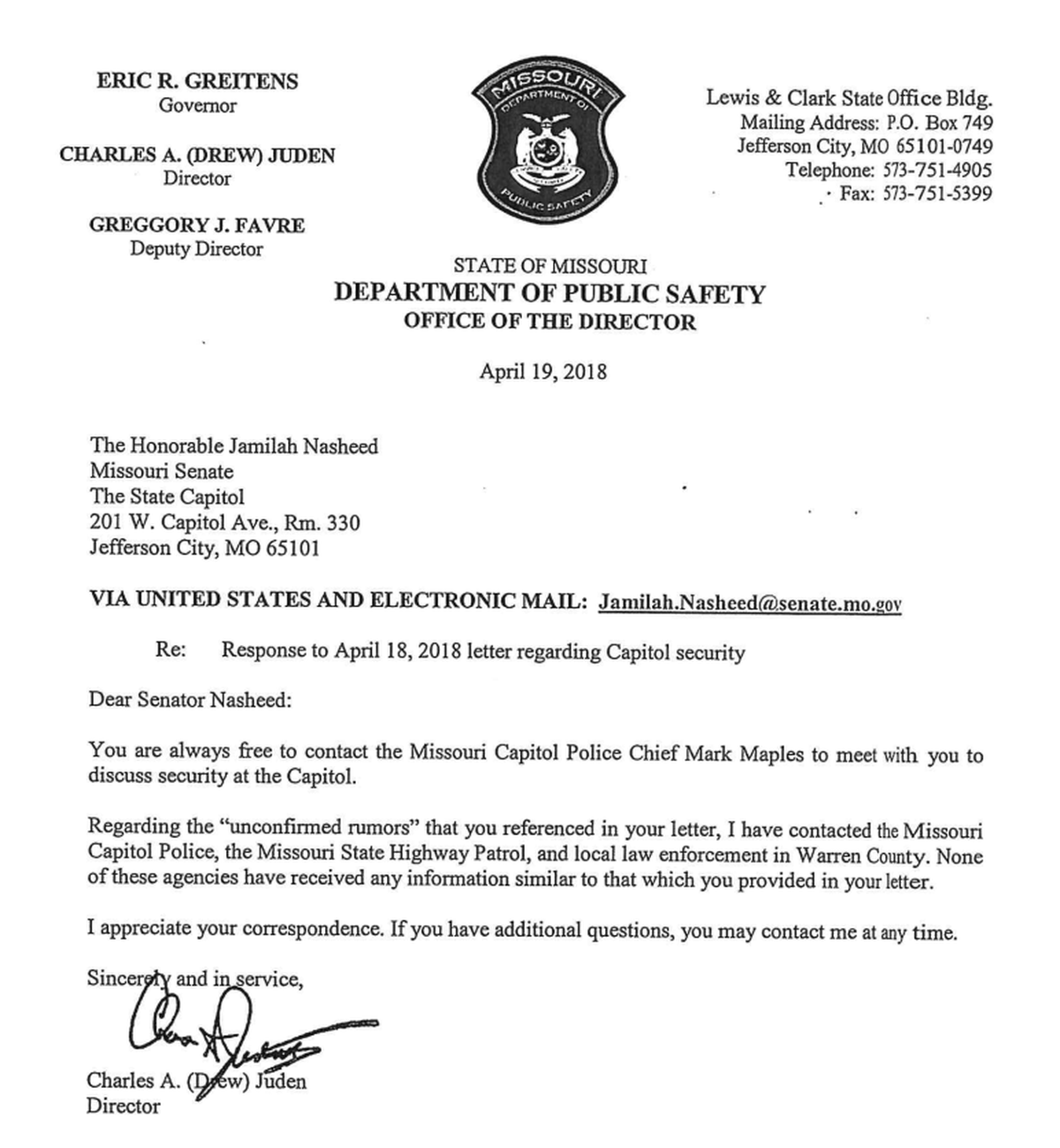Charles “Drew” Juden, then the director of the Missouri Department of Public Safety, responded in 2018 to Sen. Jamilah Nasheed’s letter raising concerns about Gov. Eric Greitens.