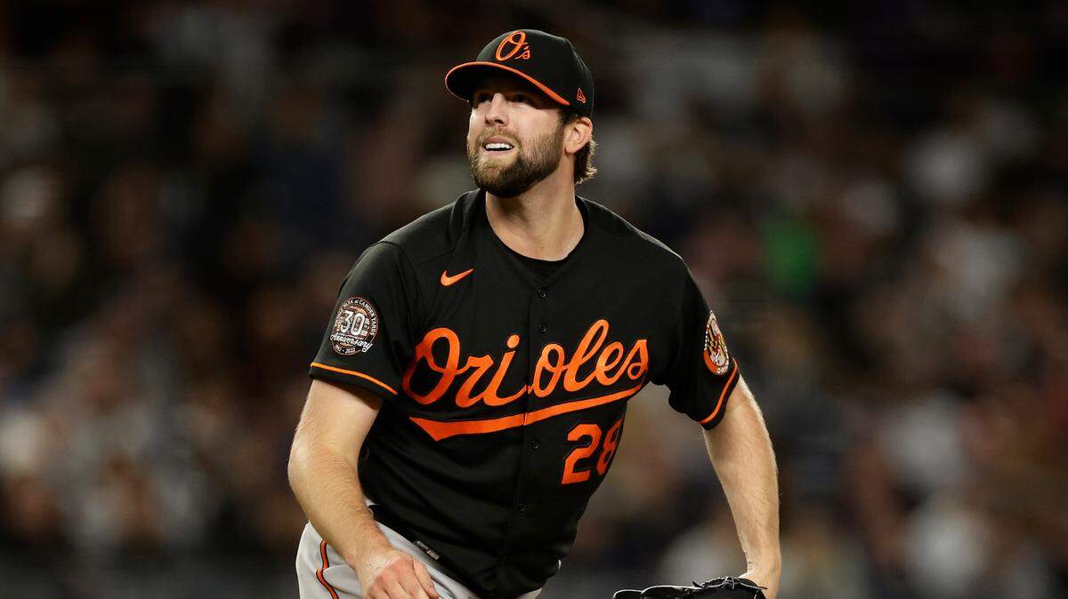 Baltimore Orioles pitcher Jordan Lyles reacts during the first inning of a baseball game against the New York Yankees on Friday, Sept. 30, 2022, in New York.