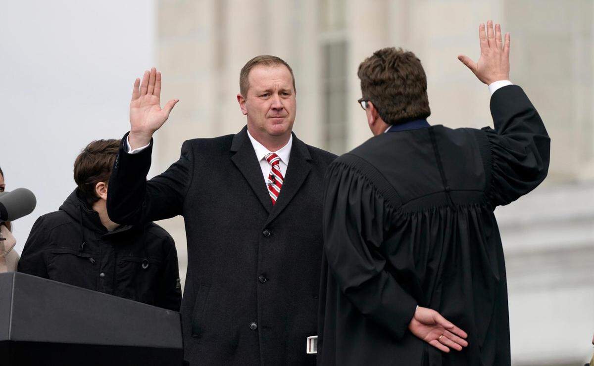 Missouri Attorney General Eric Schmitt takes the oath of office on Monday, Jan. 11, 2021, in Jefferson City, Missouri.